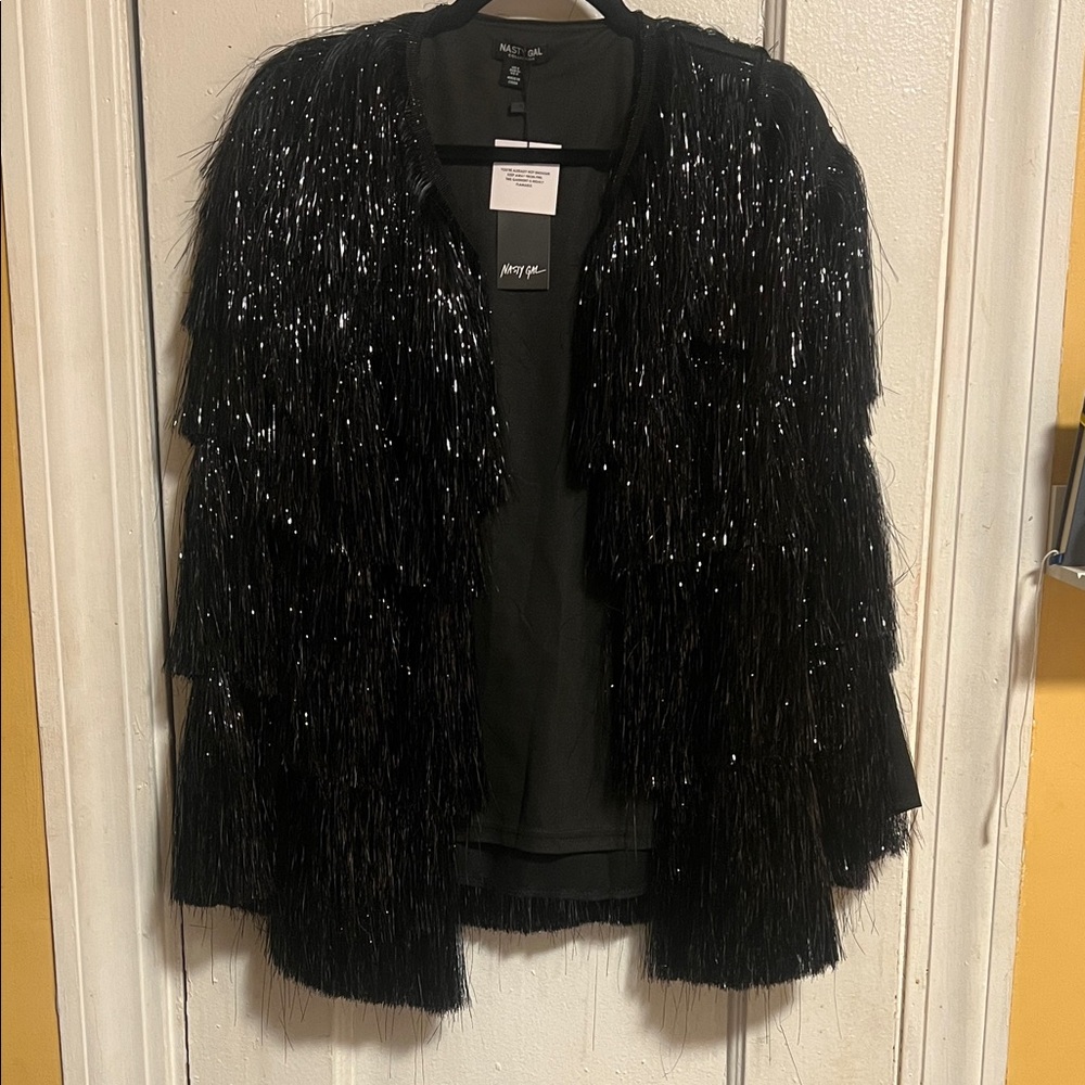 Metallic Tiered Fringe Jacket